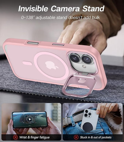 [Upgraded] for iPhone 16 Case with Camera Cover Stand [Fit for MagSafe][9H Camera Lens Protector] Mil-Grade Protection Translucent Matte Silicone Magnetic iPhone 16 Phone Case, Pink