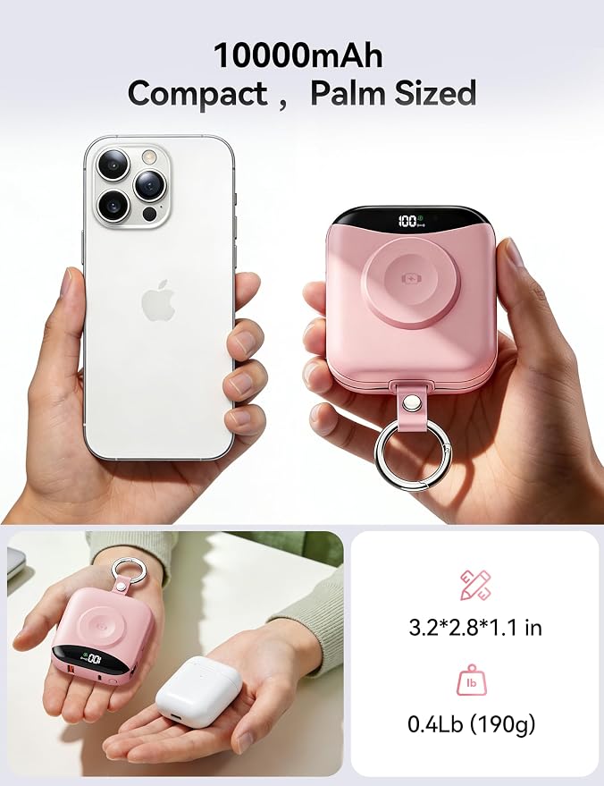 Portable Charger Power Bank, 10000mAh Fast Charging Power Bank with Built-in Cables, Travel Keychain Battery Pack with LED Display for iPhone Samsung Android iPad iWatch Charger 11/10/9/8/Ultra,Pink