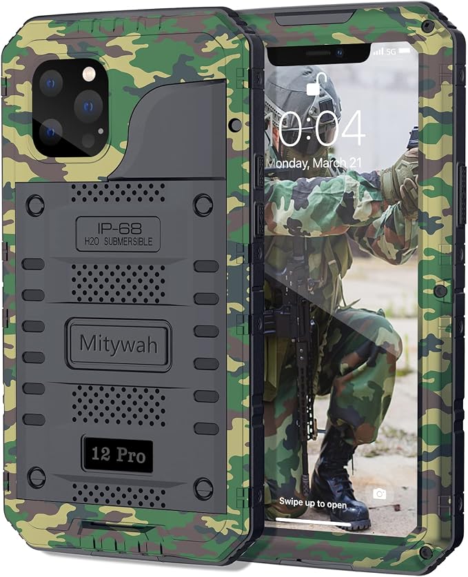 Mitywah Waterproof Case for iPhone 12 Pro, Heavy Duty Shockproof Case with Built-in Screen Protector, Full Body Underwater Protective Metal Case 6.1 inch, Camouflage
