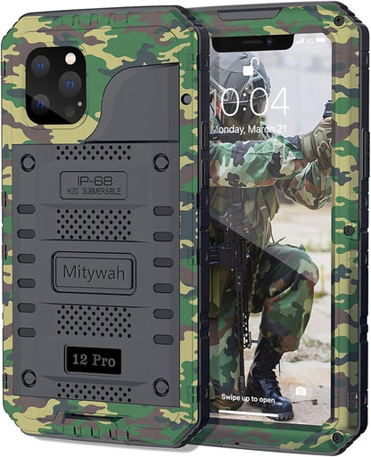 Mitywah Waterproof Case for iPhone 12 Pro, Heavy Duty Shockproof Case with Built-in Screen Protector, Full Body Underwater Protective Metal Case 6.1 inch, Camouflage