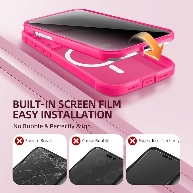 BERFY for iPhone 17 Pro Case, Compatible with MagSafe, Built-in Privacy Screen Protector, Camera Protection, Shockproof Full Body Phone Case 6.3", Translucent Hot Pink