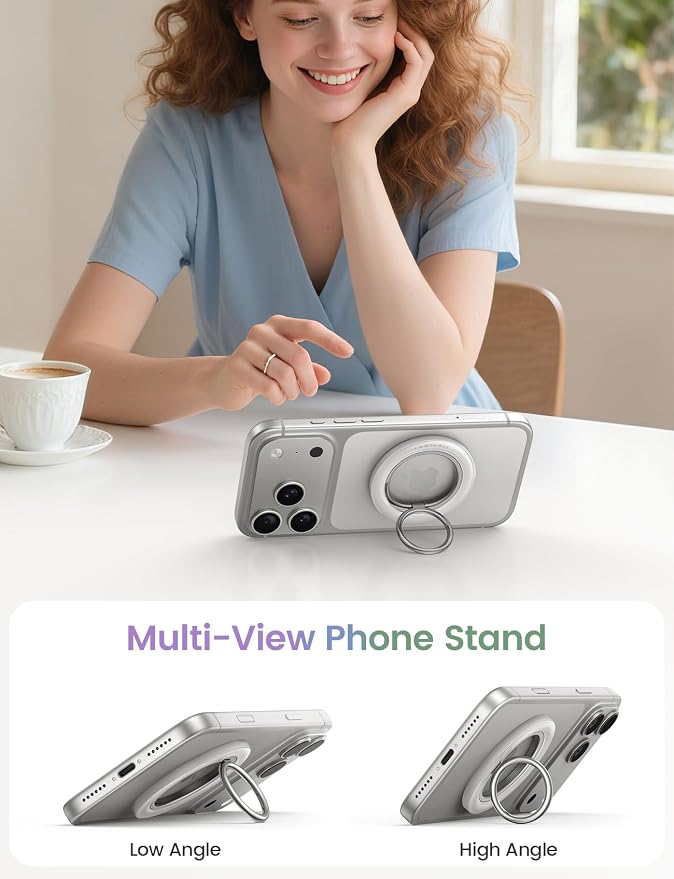 Lamicall Magnetic Phone Ring Grip Holder for MagSafe, 360° Rotating with Smooth Damping, Crystal White Finger Grip Kickstand, Strong Magnet Mag Safe Accessories for iPhone 17 Pro Max Air, All Phones