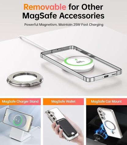 Meifgino Magnetic Case with Removable Phone Ring Stand for Samsung Galaxy S25 Plus, [Glitter Card & Wrist Strap] [MagSafe Compatible] [Built in Mirror] Phone Ring Stand + Phone Case Kit, Silver