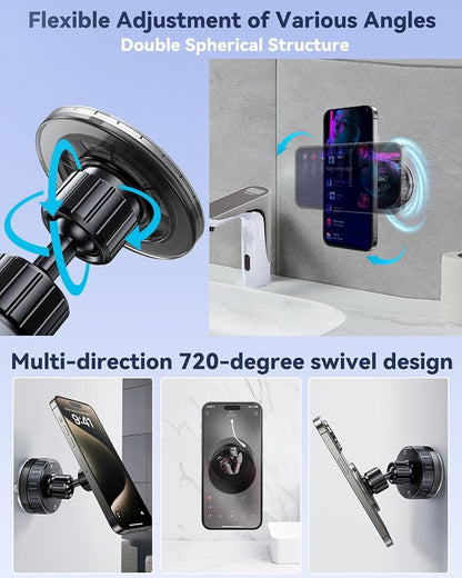 Vacuum Suction Cup Phone Mount,Hands-Free Magnetic Shower Cell Phone Holder,Adjustable Phone Suction Grip for Mirror/Car Dashboard/Gym,Compatible with MagSafe iPhone 16/15/14/13/12 (T26)