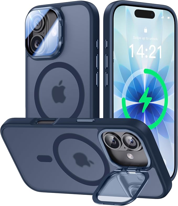 [Upgraded Full Camera Protection] for iPhone 17 Case with Camera Cover Stand [Fit for MagSafe][10FT Mil-Grade Protection] Translucent Magnetic iPhone 17 Phone Case, Blue