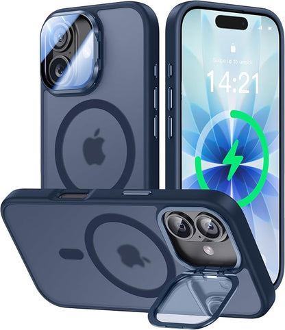 [Upgraded Full Camera Protection] for iPhone 17 Case with Camera Cover Stand [Fit for MagSafe][10FT Mil-Grade Protection] Translucent Magnetic iPhone 17 Phone Case, Blue