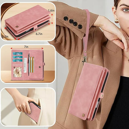 for Wallet Case Compatible with iPhone 15 Pro Max,Multi-Function Detachable 2 in 1 Magnetic iPhone 15 Pro Max Case Wallet,Flip Strap Zipper Card Holder Phone Case with Shoulder Straps (Pink)