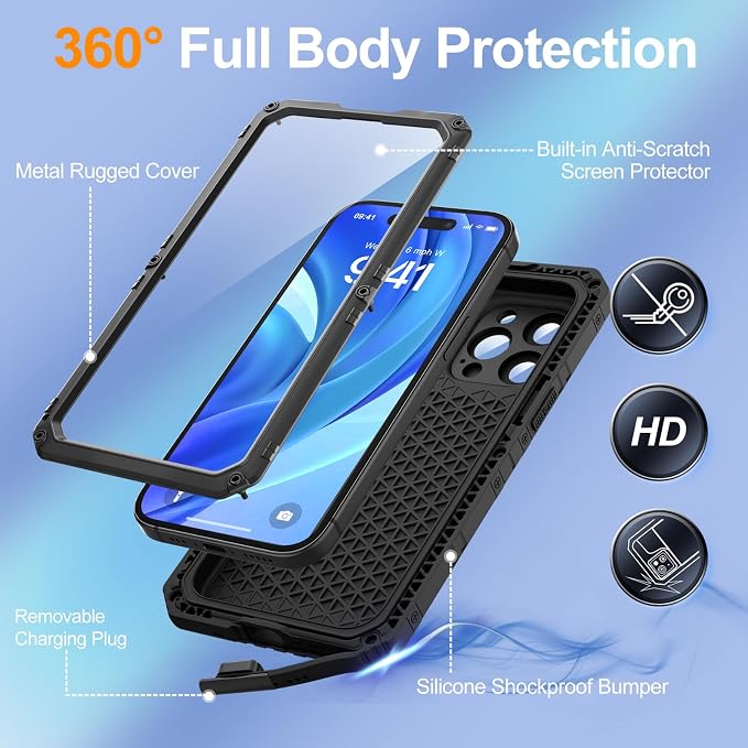 Mitywah Wateproof Case for iPhone 15 Pro Max, Heavy Duty Metal Cover for Swimming and Outdoor Adventures, Military Grade Shockproof Full Body Phone Case with Built-in Screen Protector, 6.7", Black