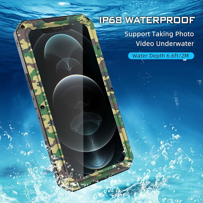 Mitywah Waterproof Case for iPhone 12 Pro, Heavy Duty Shockproof Case with Built-in Screen Protector, Full Body Underwater Protective Metal Case 6.1 inch, Camouflage