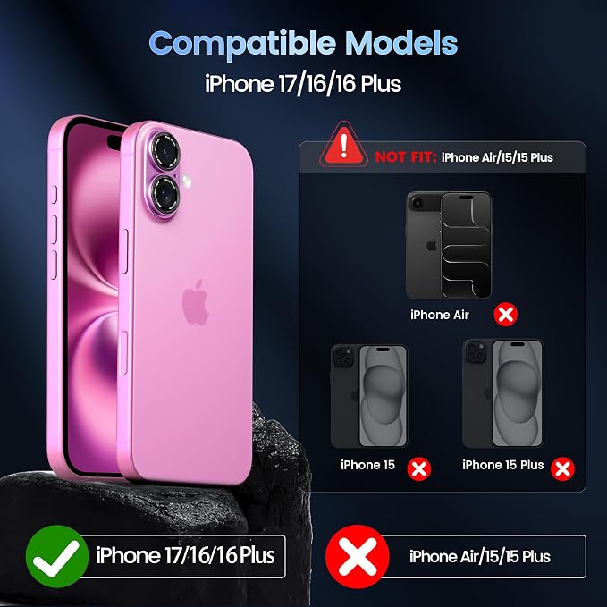 CACOE Camera Lens Protector for iPhone 16/16 Plus/17 - Metal Frame Tempered Glass Cover, [Anti-Scratch] [Drop-Proof][Strong-Adhesion] Camera Screen Cover(Pink)