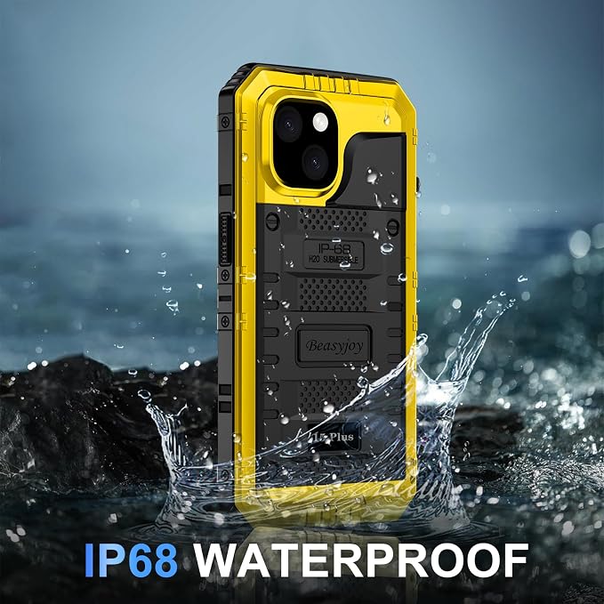 Beasyjoy for iPhone 15 Plus Case Waterproof, Metal Heavy Duty Full Body Protective Case with Built in Screen Protector, Military Grade Shockproof Defender Case for iPhone 15 Plus 6.7", Yellow