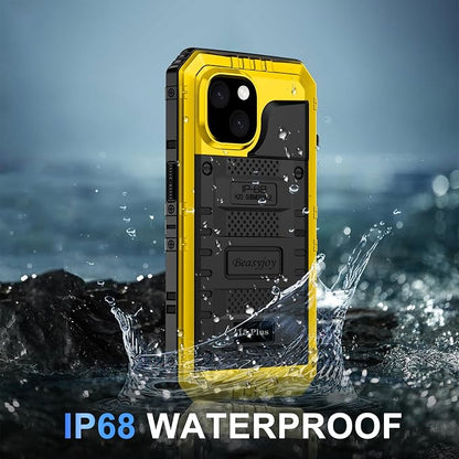 Beasyjoy for iPhone 15 Plus Case Waterproof, Metal Heavy Duty Full Body Protective Case with Built in Screen Protector, Military Grade Shockproof Defender Case for iPhone 15 Plus 6.7", Yellow