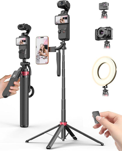 Magnetic Phone Tripod & Selfie Stick, 66.9" Adjustable Height, Strong Magnetic Mount, One-Button Unlock Tripod Design, Bluetooth Remote, Flexible Angles for Vlogging & Content Creation