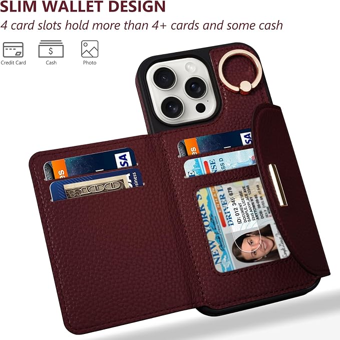 Keallce Wallet Case for iPhone 15 Pro Max 6.7'', Flip Case with Card Slots, Ring Holder Kickstand, PU Leather Protective Folio Cover for Women, Red