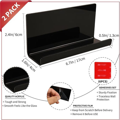 2pcs Adhesive Tablet Wall Mounted Phone Shelf Acrylic Stick On Shelves,Bedroom Wall Mount Floating Shelves for Tablet,eReader,Cell Phone Holder for Bathroom,Dorm Bedside Shelf(Black)