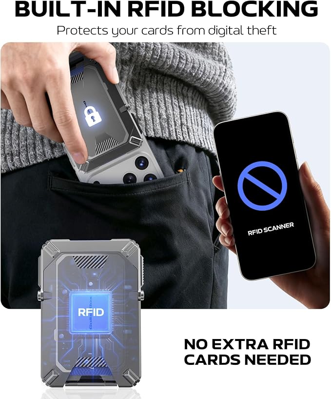 GolbinBox for MagSafe Wallet with Stand, Magnetic Phone Card Holder for Men, Holds 4 Cards with RFID Blocking, Slide-Open Metal Cover, Built-in Kickstand for iPhone 17/16/15/14/13/12 Series, Gray
