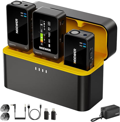 NEEWER CM26 Pro AI Wireless Microphone Compatible with iPhone Android Phone Camera PC, Lavalier Lapel Mic DSP/MCU Noise Cancellation Mute Gain Low Cut 48KHz/24Bit 88dB SNR 50H Battery 100m Range