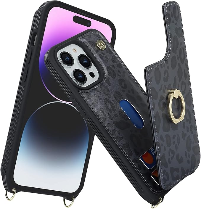 Lipvina for iPhone 14 Pro Max Case with Card Holder for Women,Phone Case with Strap,Crossbody Lanyard,RFID Blocking,Ring Stand,Snap Clasp,Cute Wallet Cases 6.7"(Black Leopard)