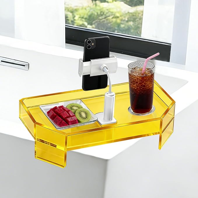 Orange Acrylic Bath Tub Tray Hot Tub Tray with Adjustable Phone & Tablet Holder, Modern Bathtub Tray Table, Spa Bath Caddy, Fits Freestanding Square Tubs