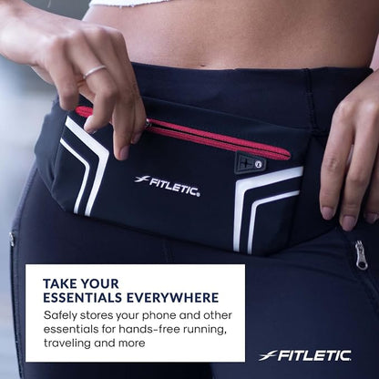 Fitletic Modern Sports Running Belt For Men & Women – Water Resistant Pouch - Fits All Smart Phones- Lightweight, Low Profile Design –Lycra Coated With Inner Card Organizer Pocket Black/Pink Zipper
