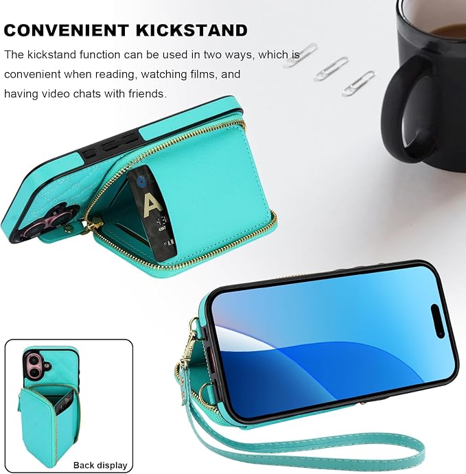 Bocasal Crossbody Wallet Case for iPhone 16, RFID Blocking PU Leather Zipper Handbag Purse Flip Cover, Kickstand Folio Case with Card Slots Holder Wrist Strap Lanyard 5G 6.1 Inch (Mint Green)