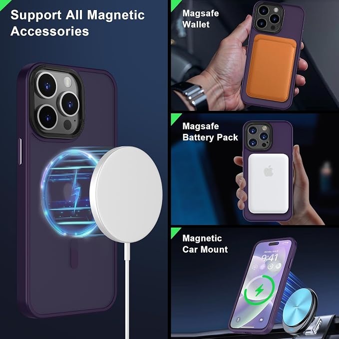 MOCCA Strong Magnetic for iPhone 15 Pro Max Case, [Compatible with Magsafe][13FT Military Drop Protection] Slim Translucent Matte Shockproof Case for iPhone 15 ProMax Case 6.7'' - Deep Purple