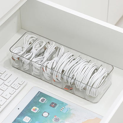Clear Cable Cord Organizer Box, Adjustable Desk Drawer Storage Case for Home Office Supplies, Battery and Cell Phone Charger, Plastic Art Crafts Container