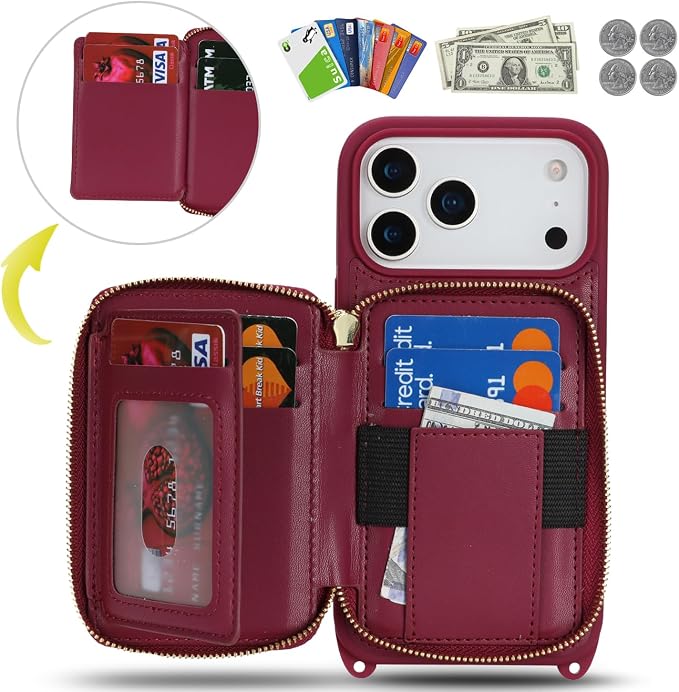 Crossbody Wallet Case for iPhone 17 Pro Max, PU Leather Zipper Handbag Purse Flip Cover, Kickstand Folio Case with Card Slots Holder Wrist Strap Lanyard 5G 6.9 Inch-Dark red