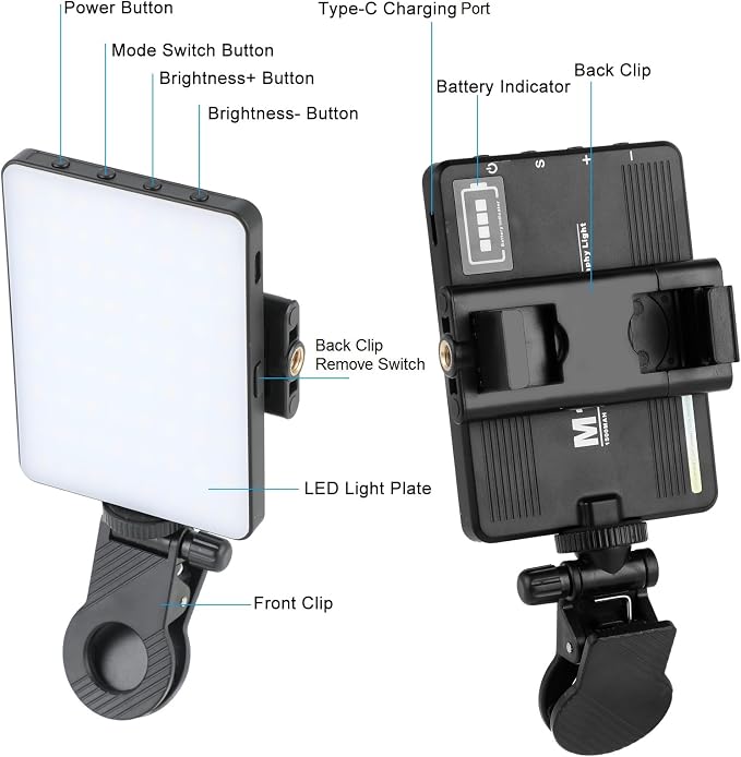 Selfie Phone Light with Front & Back Clips, LED Video Light Photography Lighting Lamp with 3 Light Modes for iPhone Computer Laptop Cameras Vlogging Makeup Tiktok