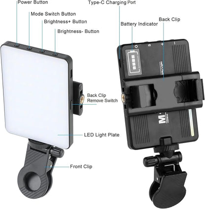 Selfie Phone Light with Front & Back Clips, LED Video Light Photography Lighting Lamp with 3 Light Modes for iPhone Computer Laptop Cameras Vlogging Makeup Tiktok
