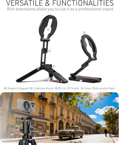 Magnetic Phone Mount,[Ultra-Thin] Magnetic Tripod for iPhone with Arca-Swiss&Cold Shoe&1/4" Screw&Foldable Hook Design,Phone Stand for iPhone 12-17 Series,Vlog,Gym,Travel Use