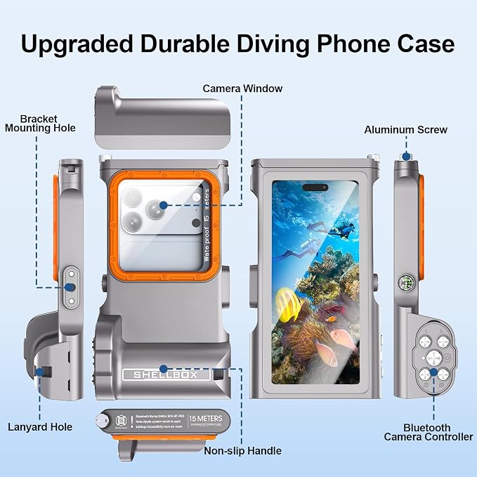 Beasyjoy Underwater Snorkeling Diving Phone Case for iPhone 16/15/14/13 Pro Max Samsung Galaxy S25/S24/S23 Ultra, Waterproof Professional Scuba Dive Case for Underwater Photo & Video, Gray