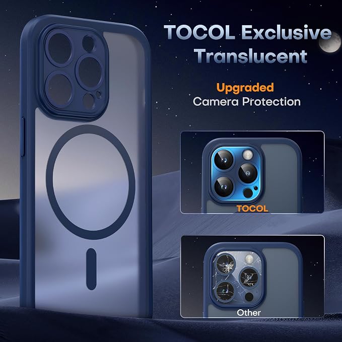 TOCOL Magnetic for iPhone 15 Pro Case, Upgraded Full Camera Protection, Compatible with Magsafe, Drop Protection, Translucent Matte Back Phone Cover 6.1-Inch (Dark Blue)