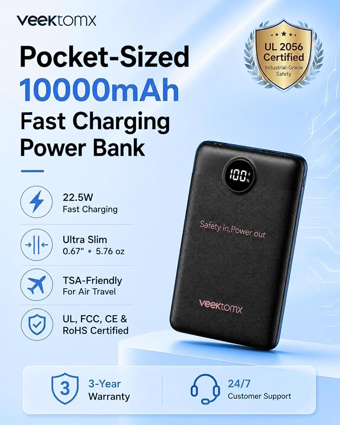 Portable Charger 10000mAh, Ultra Slim Power Bank Fast Charging with Attached USB C Cable, Travel Essential Phone Power Bank Battery Pack for iPhone 17/16/15/14 Samsung S25 Google etc