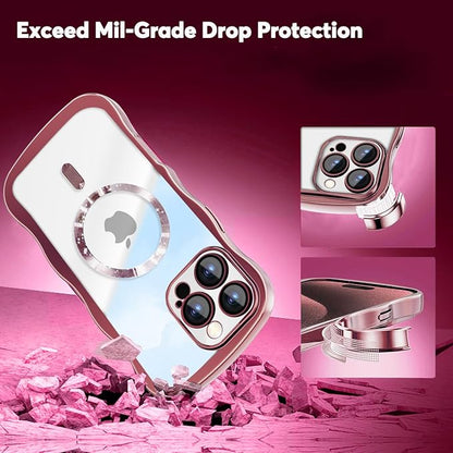 Misscase Designed for iPhone 16 Pro Case 6.3",with Privacy Screen Protector*1,Cute Wave Frame Case with Camera Lens Protector,Compatible with MagSafe Plating Bling for Women Pink