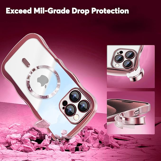 Misscase Designed for iPhone 16 Pro Max Case 6.9",with Privacy Screen Protector*1,Cute Wave Frame Case with Camera Lens Protector,Compatible with MagSafe Plating Bling for Women Pink