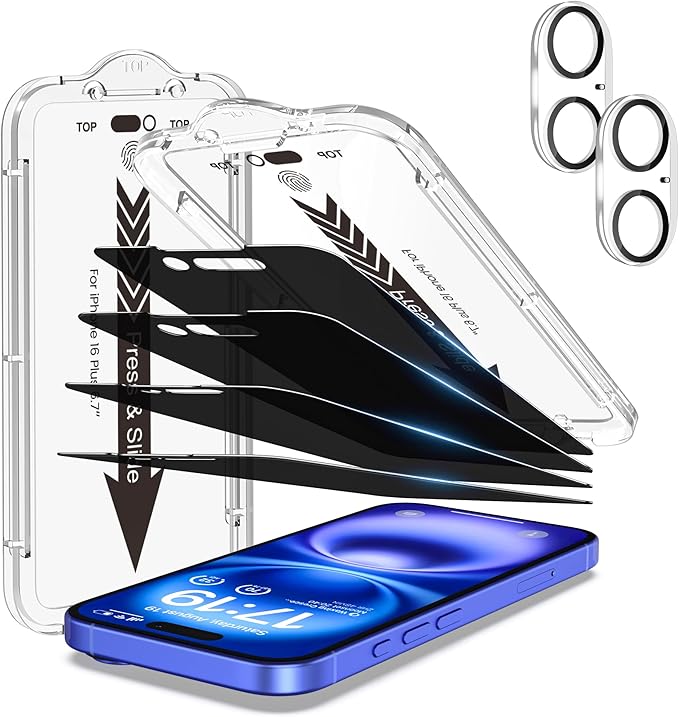 EZ-GLAZ- 4 Pack for iPhone 16 Plus Privacy Screen Protector [6.7"] With 2 Pack Camera Lens Protector, 9H+ Hardness 12FT Military Grade Shatterproof Scratch Resistant Durable Tempered Glass Film with Flawless Fit Kit