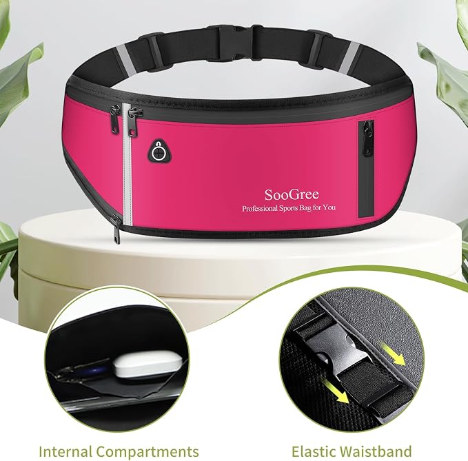 SooGree Slim Running Belt Fanny Pack, Resistant Waist Pack Money Belt Bag for Hiking Cycling Workout, Gym Phone Holder with Adjustable Strap (Rose)