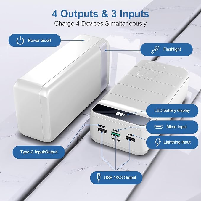 Portable Charger Power Bank 60000mAh, Battery Pack, Large Charging Bank | USB C 22.5W Fast Charging, PD4.0 & QC 4.0, High Capacity, LED Display, 4 Outputs, for iPhone, Android, Travel Essential White
