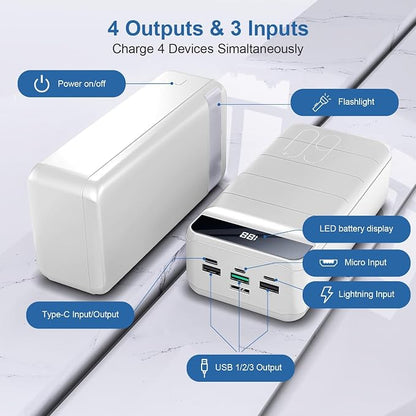 Portable Charger Power Bank 60000mAh, Battery Pack, Large Charging Bank | USB C 22.5W Fast Charging, PD4.0 & QC 4.0, High Capacity, LED Display, 4 Outputs, for iPhone, Android, Travel Essential White
