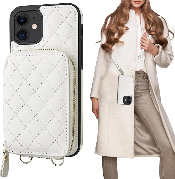 Bocasal Crossbody Wallet Case for iPhone 12/12 Pro, RFID Blocking PU Leather Zipper Handbag Purse Flip Cover, Kickstand Folio Case with Card Slots Holder Wrist Strap Lanyard 5G 6.1 Inch (White)
