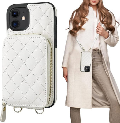 Bocasal Crossbody Wallet Case for iPhone 12/12 Pro, RFID Blocking PU Leather Zipper Handbag Purse Flip Cover, Kickstand Folio Case with Card Slots Holder Wrist Strap Lanyard 5G 6.1 Inch (White)