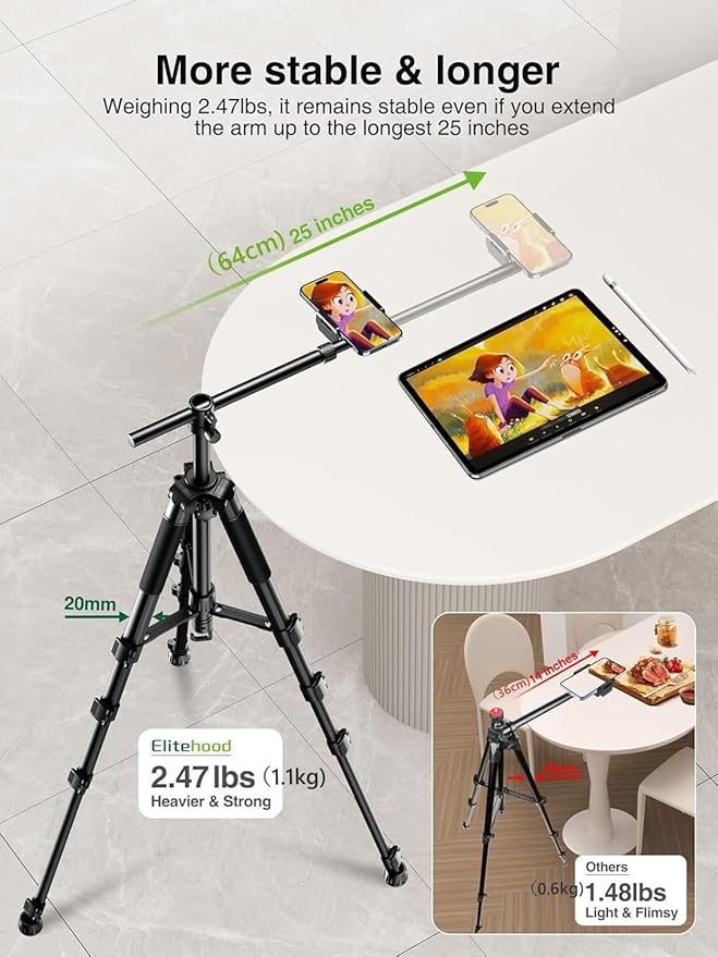 elitehood Phone Tripod for Overhead Video Recording – Updated Horizontal 59-inch Adjustable Tripod for iPhone with 25in Long Extendable Arm, 360° Rotation iPhone Stand Holder for Overhead Recording