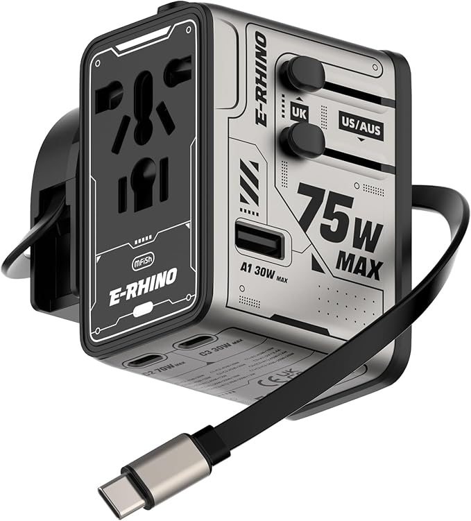 MFish 75W Universal Travel Adapter, 5-Port International Power Adapter with Retractable USB-C Cable, 3 USB-C & 1 USB-A + AC Outlet, Worldwide Wall Charger for MacBook, iPhone, iPad, EU/UK/US/AUS, Grey