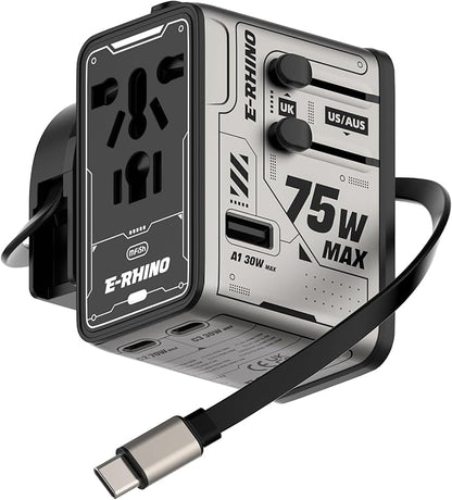 MFish 75W Universal Travel Adapter, 5-Port International Power Adapter with Retractable USB-C Cable, 3 USB-C & 1 USB-A + AC Outlet, Worldwide Wall Charger for MacBook, iPhone, iPad, EU/UK/US/AUS, Grey