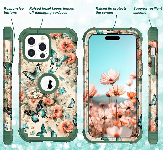 Hocase for iPhone 15 Pro Case, Heavy Duty Shockproof Protection Soft Silicone Rubber Bumper+Hard Plastic Hybrid Protective Case for iPhone 15 Pro 6.1" 2023 - Teal Green Butterflies