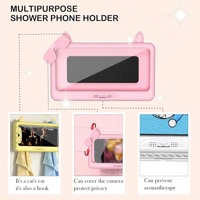 Shower Phone Holder Waterproof, Anti-Fog Touch Screen Shower Phone Case, 480 Rotation Wall Phone Mount Stand for Bathroom Batheub Kitchen Wall Mirror, Compatible with 4.7"-6.8" Phones (Pink)