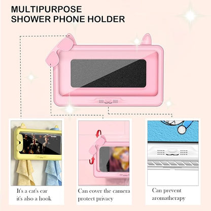 Shower Phone Holder Waterproof, Anti-Fog Touch Screen Shower Phone Case, 480 Rotation Wall Phone Mount Stand for Bathroom Batheub Kitchen Wall Mirror, Compatible with 4.7"-6.8" Phones (Pink)