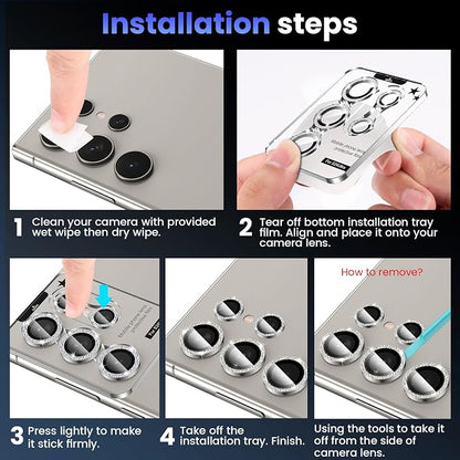 Tensea (3+2PCS for Samsung Galaxy S24 Ultra 5G Camera Lens Protector, 9H Tempered Glass Camera Cover Screen Protector Metal Individual Ring for S24 Ultra 5G 2024 [Installation Tray][Case Friendly]