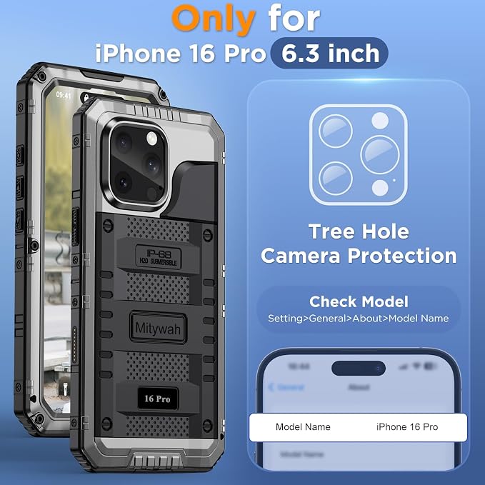 Mitywah Waterproof Case for iPhone 16 Pro, Shockproof Heavy Duty Case with Built-in Screen Protector, Underwater Full Body Protective Metal Case 6.3 inch, Silver